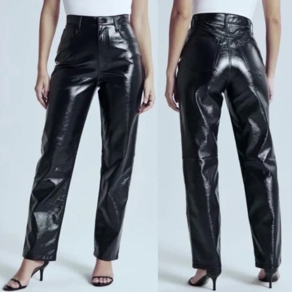Abercrombie & Fitch “90s Straight Ultra High Rise” dark blue leather trousers
